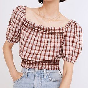 Madewell Seersucker Plaid Crop Top. Large NWT. Jeanette. Embroidery. Puff Sleeve